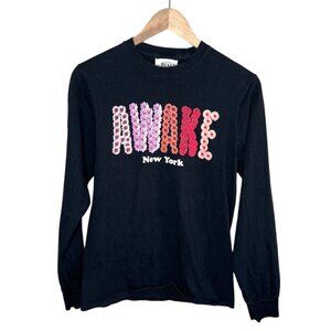 Awake New York Mens Black Long Sleeve Floral Logo Shirt Size Small